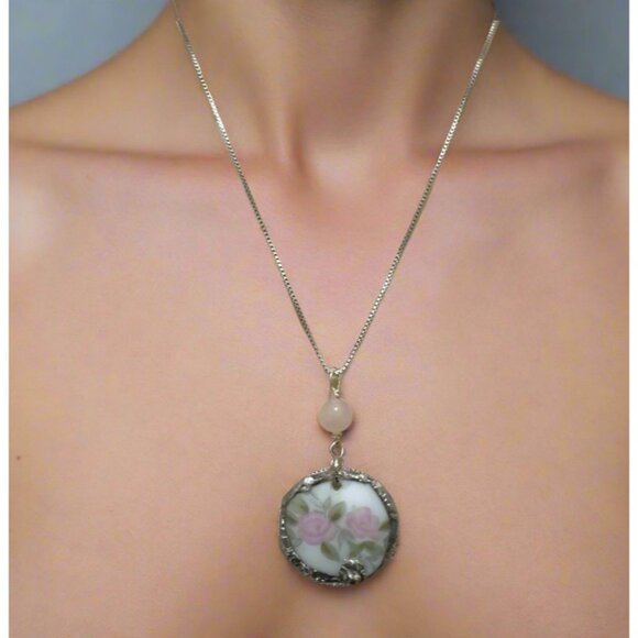 Handmade Jewelry - Handcrafted Vintage Floral Bone China Pendant W/ 925 Silver Chain  & Rose Quartz